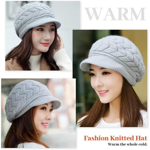 Women\'s 2 Piece Fleece Lined Snow Ski Caps Slouchy Winter Hat with Visor,